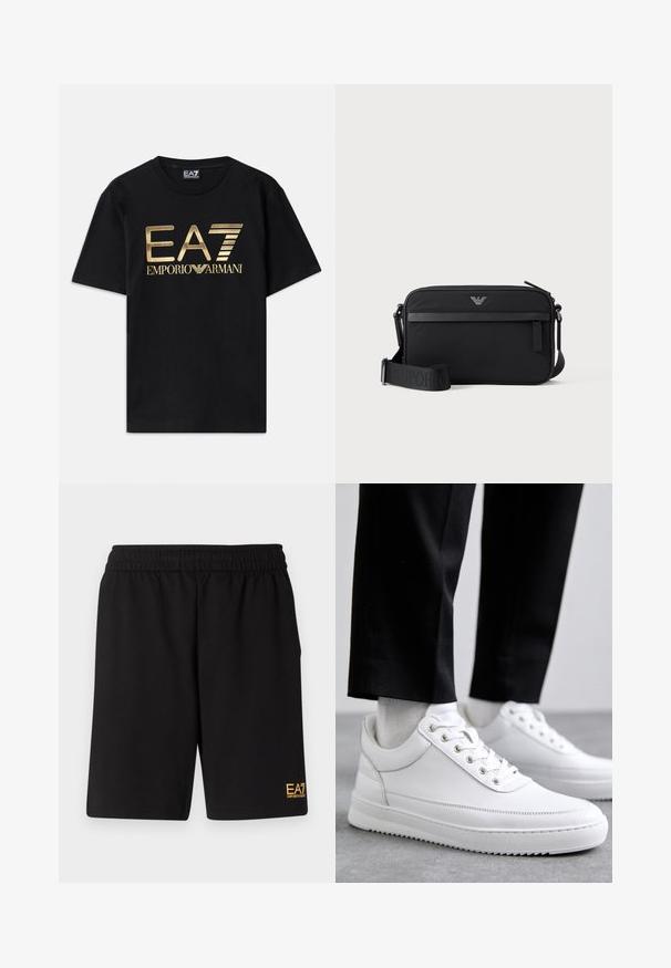 Schwarzes Baumwoll-T-Shirt mit kurzen Ärmeln, auf dessen Vorderseite ein in Gold gedrucktes "EA7 EMPORIO ARMANI" Logo prangt. Schlichtes Design, Rundhalsausschnitt.; Schwarze Sportshorts aus weichem Material, mit einem elastischen Bund und einem kleinen gelben EA7-Logo am unteren linken Bein.; Weiße Leder-Sneaker mit flacher Gummisohle, ausgestattet mit einer glatten Oberfläche, runder Zehenpartie und Metallösen für die Schnürsenkel. Getragen mit schwarzen Hosen.; Schwarze rechteckige Umhängetasche mit vorderer Reißverschlusstasche, verstellbarem Schultergurt und kleinem Metalllogo oben in der Mitte.