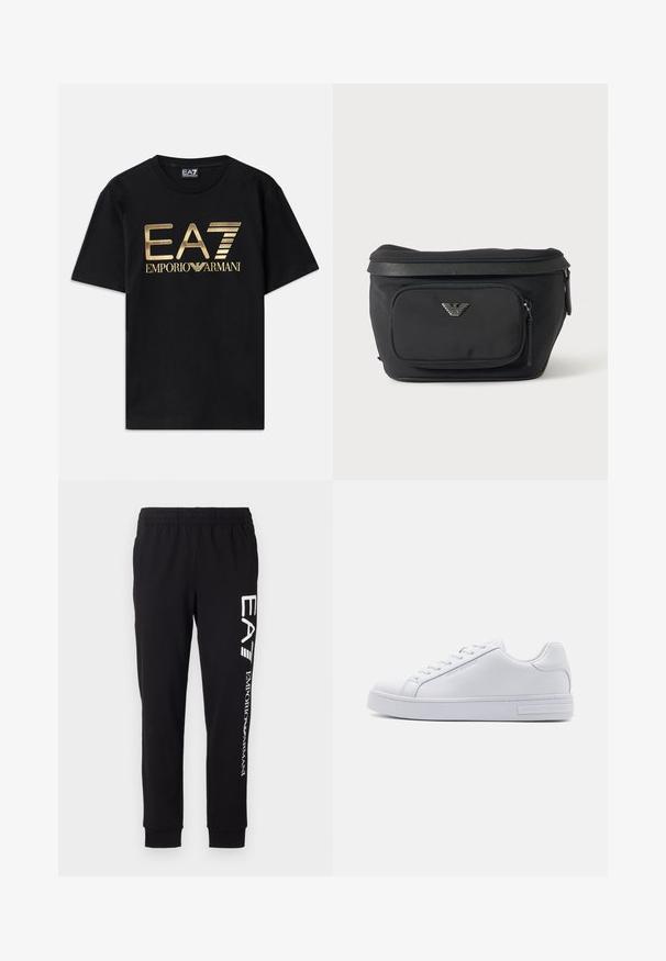 Sort bomulds t-shirt med korte ærmer, med et guldtryk af "EA7 EMPORIO ARMANI" logoet på forsiden. Enkelt design, rund hals.; Sorte sweatpants lavet af strækbart stof. Har en elastisk talje, tapered manchetter og hvid branding på venstre ben.; Hvide lædersneakers med en glat overflade, rund tå, snørebånd foran og flad gummisål. Har prægede branding på hælen.; Sort bæltetaske med frontlynlåslomme og sølv ørn-logo, glat stof med tekstureret kant og lynlåstræk.