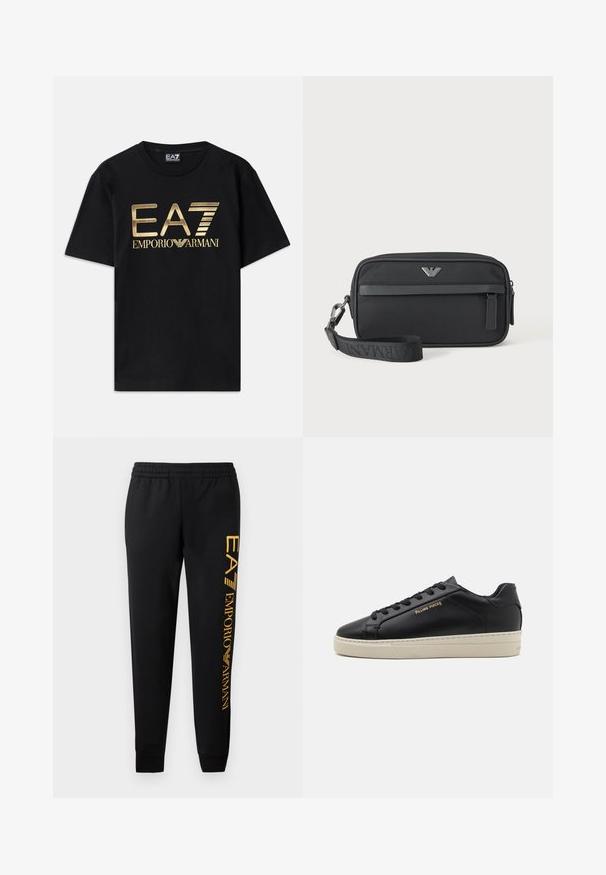 Čierne bavlnené tričko s krátkymi rukávmi, s potlačou zlatého loga "EA7 EMPORIO ARMANI" na prednej strane. Jednoduchý dizajn, okrúhly výstrih.; Čierne tepláky s elastickým pásom a manžetami na spodku. Na ľavej strane nohavice sa nachádza vertikálny zlatý potlač loga. Vyrobené z mäkkej tkaniny.; Čierne kožené tenisky s hladkým povrchom, kontrastnou krémovou podrážkou, zaoblenou špičkou, zlatým logom na boku a šiestimi dierkami na šnúrky.; Čierna obdĺžniková taška na zápästie s predným vreckom na zips, strieborným logom a odnímateľným popruhom s označeným textom.