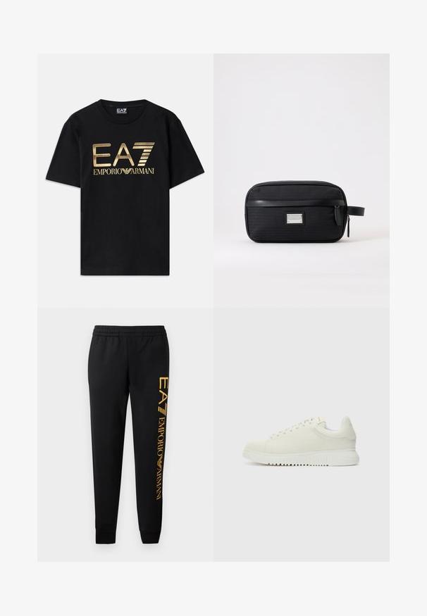 Čierne bavlnené tričko s krátkymi rukávmi, s potlačou zlatého loga "EA7 EMPORIO ARMANI" na prednej strane. Jednoduchý dizajn, okrúhly výstrih.; Čierne tepláky s elastickým pásom a manžetami na spodku. Na ľavej strane nohavice sa nachádza vertikálny zlatý potlač loga. Vyrobené z mäkkej tkaniny.; Biele kožené tenisky s textúrovaným vrchom, zaoblenou špičkou, plochou bielou podrážkou a tonálnymi šnúrkami. Diskrétne logo na jazyku.; Čierna obdĺžniková toaletná taška s predným vreckom na zips, bočnou rukoväťou a striebornou obdĺžnikovou značkou na rovnom svetlom pozadí.