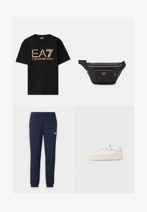 Čierne bavlnené tričko s krátkymi rukávmi, s potlačou zlatého loga "EA7 EMPORIO ARMANI" na prednej strane. Jednoduchý dizajn, okrúhly výstrih.; Námornícke modré tepláky s elastickým pásom a manžetami. Na ľavej nohe je malé biele logo. Vyrobené z mäkkého, elastického materiálu.; Biela teniska s jemne štruktúrovaným zvrškom zo semišu a kože. Má zaoblenú špičku, viazanie na šnúrky a kontrastnú béžovú gumovú podrážku.; Čierna ľadvinka vyrobená z texturovanej tkaniny, s prednou vreckom na zips, striebornými kovovými prvkami a embosovaným logom. Súčasťou je nastaviteľný popruh.