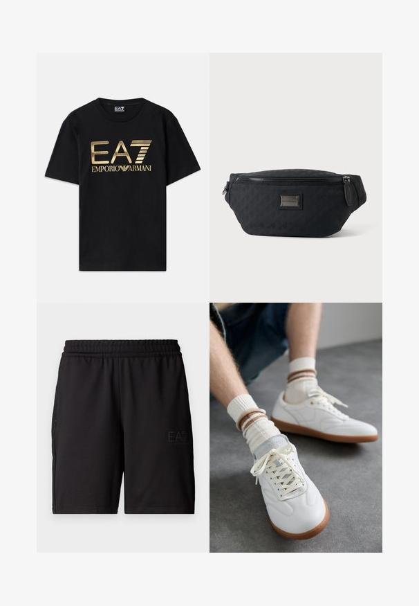 Schwarzes Baumwoll-T-Shirt mit kurzen Ärmeln, auf dessen Vorderseite ein in Gold gedrucktes "EA7 EMPORIO ARMANI" Logo prangt. Schlichtes Design, Rundhalsausschnitt.; Schwarze Sportshorts aus leichtem Material, mit elastischem Bund und seitlichen Netzpaneelen. Markenlogo auf der Vorderseite gedruckt.; Weiße Ledersneaker mit glatter Textur, grauen Wildlederelementen, beigen Gummisohlen und flachen Schnürsenkeln. Kombiniert mit cremefarbenen und braun gestreiften Socken.; Schwarze Stoff-Gürteltasche mit vorderem Reißverschluss und kleinem Metall-Logoschild in der Mitte, vor einem schlichten Hintergrund präsentiert.
