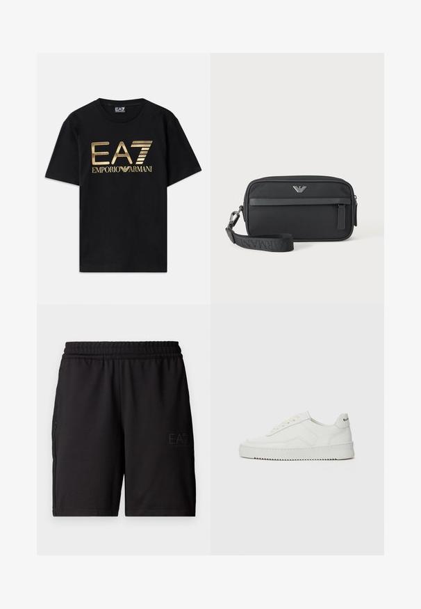 Čierne bavlnené tričko s krátkymi rukávmi, s potlačou zlatého loga "EA7 EMPORIO ARMANI" na prednej strane. Jednoduchý dizajn, okrúhly výstrih.; Čierne športové šortky vyrobené z ľahkej tkaniny, s elastickým pásom a bočnými panelmi z jemnej sieťoviny. Na prednej strane je potlačené logo značky.; Biele kožené tenisky s hladkým povrchom, okrúly špičkový dizajn, ploché šnúrky a textúrovaná podrážka. Obsahujú jemné logo na päte.; Čierna obdĺžniková taška na zápästie s predným vreckom na zips, strieborným logom a odnímateľným popruhom s označeným textom.