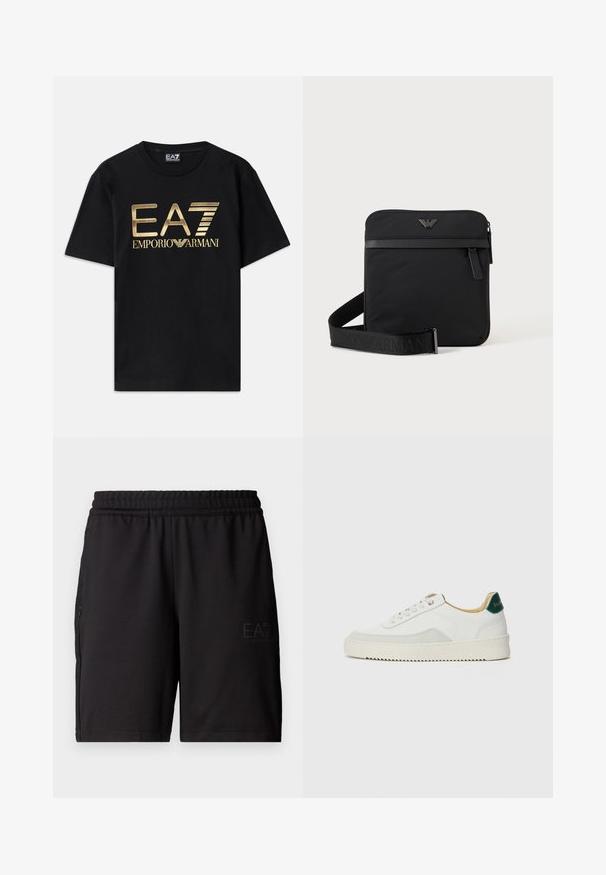 Camiseta de algodón negra de manga corta, con un logo dorado impreso de "EA7 EMPORIO ARMANI" en la parte frontal. Diseño simple, cuello redondo.; Pantalones cortos deportivos negros hechos de un tejido ligero, con una cinturilla elástica y paneles laterales de malla. Logo de la marca impreso en la parte delantera.; Zapatilla blanca con acentos de ante, puntera redondeada, cordones planos y suela de goma color crema. Presenta un logo verde en el talón.; Bolso de hombro negro cuadrado con cierre de cremallera, bolsillo delantero y correa ajustable con nombre de marca en relieve.