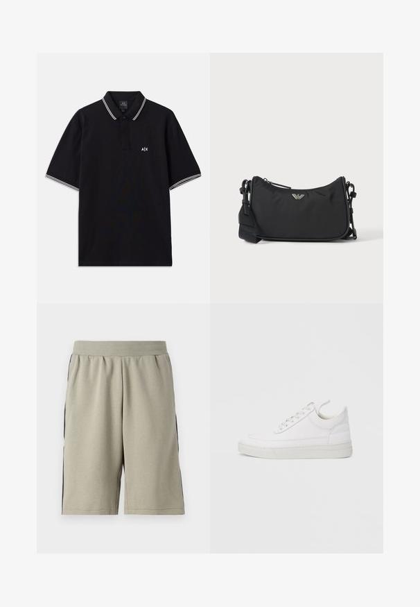 Polo noir en coton, doté d'un col à deux boutons, avec des accents rayés blancs sur les manches et un logo sur la poitrine.; Shorts gris clair jusqu'aux genoux en tissu doux, avec une bande noire de chaque côté et une taille élastique pour le confort.; Baskets en cuir blanc avec un embout arrondi, une semelle plate et un laçage à l'avant. Présentent des détails de couture et un col rembourré pour plus de confort.; Sac bandoulière rectangulaire noir avec emblème du logo de la marque argenté et sangle réglable sur fond clair.