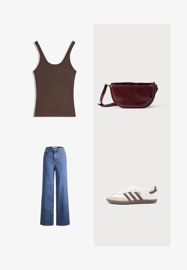 Débardeur femme en maille côtelée marron avec larges bretelles et encolure dégagée, posé à plat sur fond blanc.; Jean large en denim bleu clair avec taille haute, deux poches avant et coutures visibles. Fermeture à bouton et à zip.; Baskets Adidas Samba blanches avec des bandes en daim marron, semelle en caoutchouc marron et bout en daim beige, vues du côté extérieur sur un fond uni.; Sac à main en cuir marron foncé avec une forme en demi-lune, une fermeture éclair et une bandoulière amovible. Texture lisse avec un léger éclat.