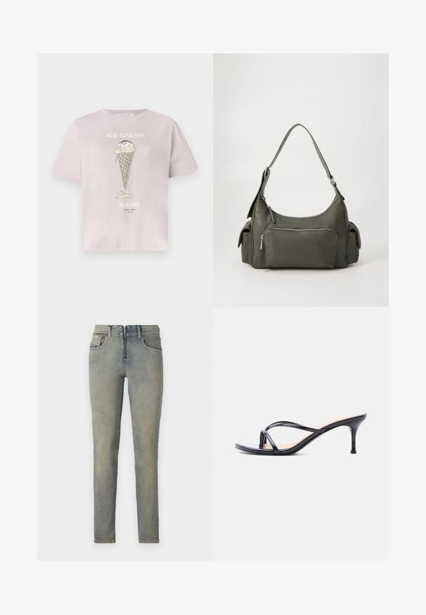 T-shirt en coton rose clair avec un motif de glace en cornet avec des coulures. Le texte indique "GLACE S'IL VOUS PLAÎT" en blanc. Manches courtes, coupe décontractée.; Jean skinny en denim bleu clair, avec une fermeture éclair devant, cinq poches, et un délavage avec des variations de couleur subtiles.; Sandale à talon en cuir verni noir avec fines lanières croisées et talon aiguille moyen et élancé sur fond blanc.; Sac à épaule en cuir vert avec un design arrondi, poche zippée à l'avant et poches supplémentaires sur les côtés. Texture lisse et matériel minimal.