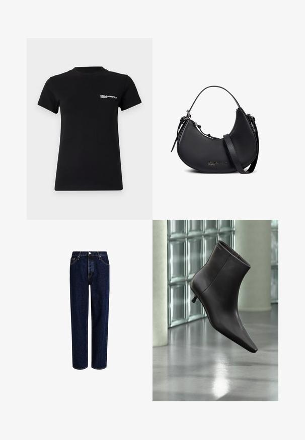Schwarzes T-Shirt aus Baumwolle; mit kurzen Ärmeln, einem runden Ausschnitt und einem weißen Logo im linken Brustbereich. Glatte Oberfläche.; Dunkelblaue Denim-Jeans mit geradem Bein, hoher Taille, fünf Taschen und kontrastierenden Nähten. Ohne Verzierungen.; Schwarzer Leder-Knöchelstiefel mit spitzer Spitze und kleinem Absatz vor einer Wand aus Glasbausteinen und einem polierten Boden.; Schwarze halbmondförmige Lederhandtasche mit doppelten Trägern, silbernem Reißverschluss und dezentem „Karl Lagerfeld Jeans“-Logo vorne.