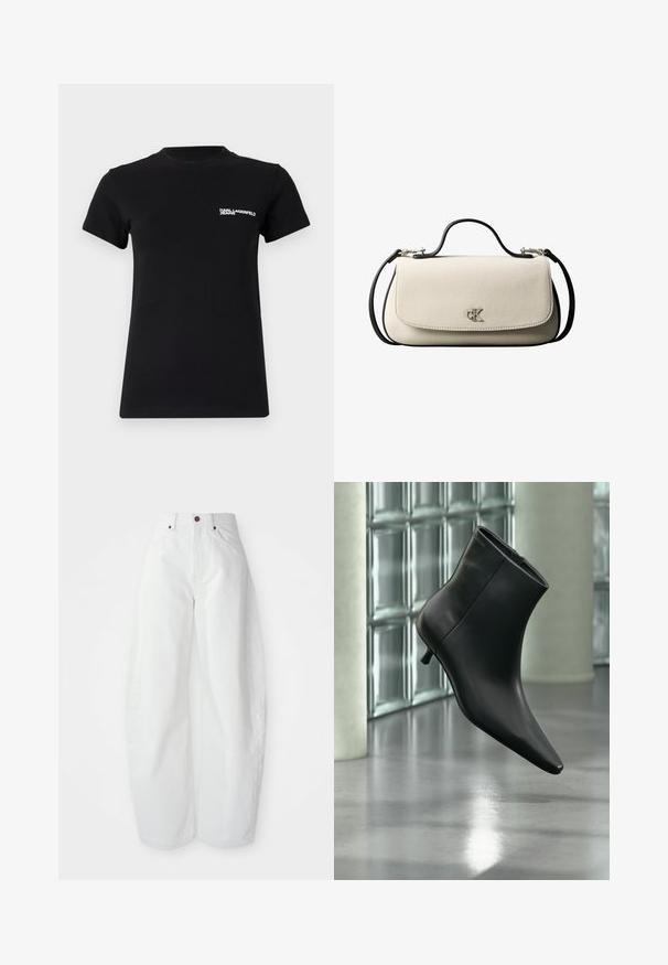 Schwarzes T-Shirt aus Baumwolle; mit kurzen Ärmeln, einem runden Ausschnitt und einem weißen Logo im linken Brustbereich. Glatte Oberfläche.; Hochtaillierte weiße Denim-Hose mit lockerer Passform. Einfacher Knopfverschluss, seitliche Taschen und minimalistisches Design. Glatte Textur.; Schwarzer Leder-Stiefelette mit spitzer Zehenpartie und niedrigem Kitten-Heel, schräg dargestellt vor einem polierten Boden und einer Glasbausteinwand.; Cremefarbene, rechteckige Handtasche mit schwarzem Riemen und Griff, vordere Klappe als Verschluss und kleinem silbernem "cK"-Logo in der Mitte vorne.