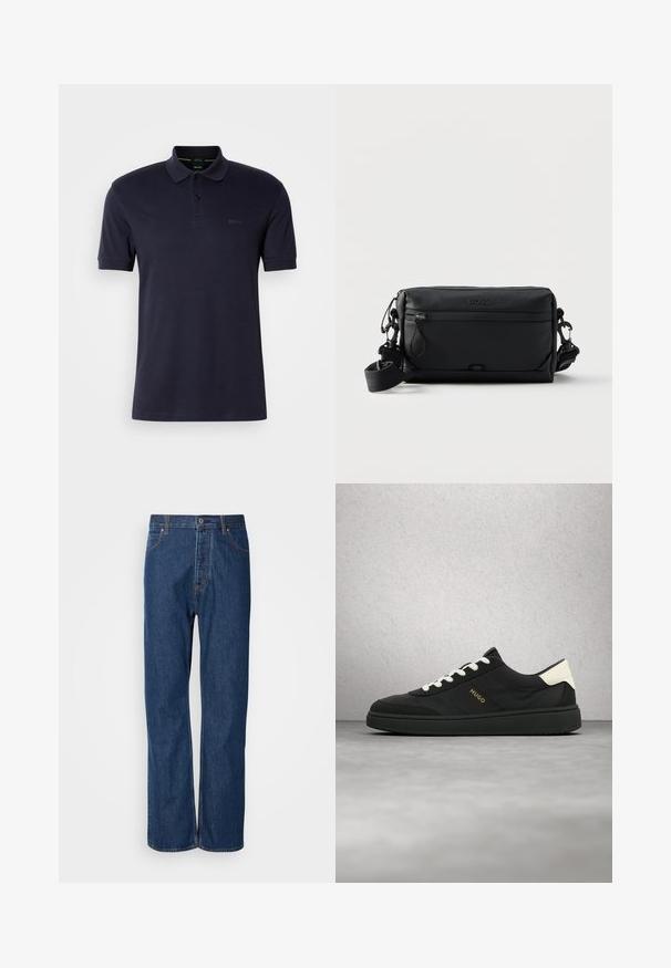 Navy-Blaues Polohemd mit weichem Material, zwei Knöpfen am Kragen, kurzen Ärmeln und dezentem Logo auf der linken Brust. Einfaches und klassisches Design.; Blaue Jeans aus Denim mit geradem Bein, ausgestattet mit einem Knopfverschluss, fünf Taschen und kontrastierenden Nähten entlang der Säume.; Schwarzer Sneaker mit weißen Schnürsenkeln und Fersenlasche, "HUGO"-Logo an der Seite, schwebt vor einem grauen Boden und einer Glasblockwand im Hintergrund.; Schwarze rechteckige Crossbody-Tasche mit Front-Reißverschlusstasche, verstellbarem Riemen und eingeprägtem "BOSS"-Logo oben in der Mitte.