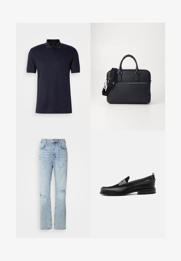 Mørkeblå polo shirt med blød tekstur, to-knap åbning, korte ærmer og diskret logo på venstre bryst. Enkel og klassisk design.; Lysvaskede denimjeans med en afslappet pasform, der har slidte områder og frynsede kanter. Stoffet har en blød, glat tekstur.; Sort læderloafer med grå remdetalje, lav hæl og tekstureret sål, mærket med "HUGO" i guld på siden.; Sort læder aktetaske med struktureret overflade, dobbelt topstænger, justerbar skulderrem og sølvfarvet lynlåsdetalje foran.