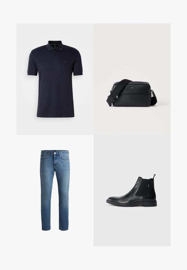 Mørkeblå polo shirt med blød tekstur, to-knap åbning, korte ærmer og diskret logo på venstre bryst. Enkel og klassisk design.; Lyseblå denim jeans med almindelig pasform, der har en glat tekstur, fem-lommers design og en lynlåsåbning med knaplukning.; Sorte læder Chelsea støvler med elastiske sidepaneler, en pull-tab og en flad gummisål. Glat tekstur med minimal detaljer.; Sort tekstureret læder crossbody taske med front lynlåslomme og justerbar bred stofskulderrem på hvid baggrund.