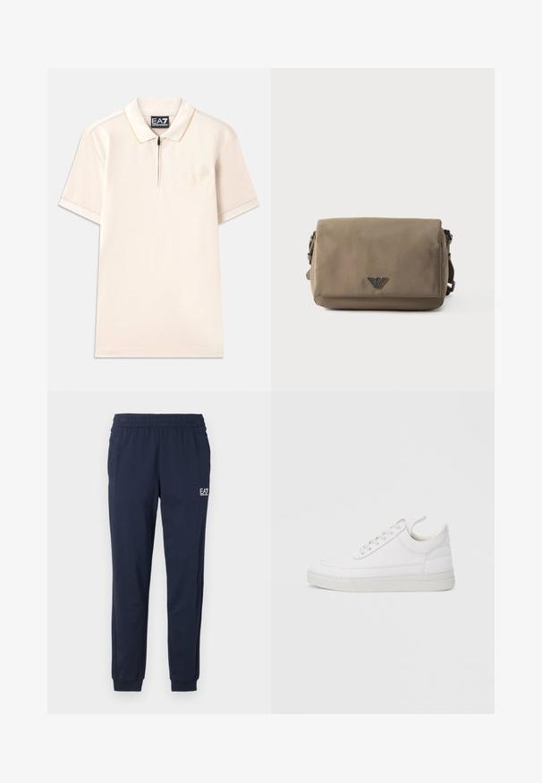 Beige polo shirt met korte mouwen, ritskraag en subtiele logo borduring. Zacht materiaal met contrasterende accenten op de kraag en mouwen.; Marineblauwe sweatpants met een elastische tailleband en boorden. Voorzien van een klein wit logo op het linkerpant. Gemaakt van een zachte, rekbare stof.; Witte leren sneaker met een afgeronde neus, platte zool en veters aan de voorkant. Voorzien van stikseldetails en een gevoerde kraag voor comfort.; Rechthoekige taupekleurige crossbodytas met klep en een klein metalen logo-embleem gecentreerd aan de voorkant tegen een witte achtergrond.