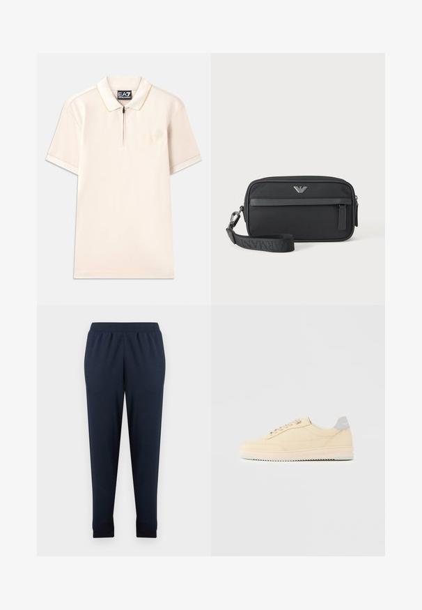Beige polo shirt met korte mouwen, ritskraag en subtiele logo borduring. Zacht materiaal met contrasterende accenten op de kraag en mouwen.; Marineblauwe joggerbroek gemaakt van een zachte katoenmengeling, met een elastische tailleband en taps toelopende boorden bij de enkels.; Beige lage sneaker met veters aan de voorkant, lichtroze zool en een grijze hieltab met het merk "Filling Pieces", zijaanzicht op een effen achtergrond.; Zwarte rechthoekige polstas met voorvak met rits, zilveren logo-embleem en afneembare band met merktekst.