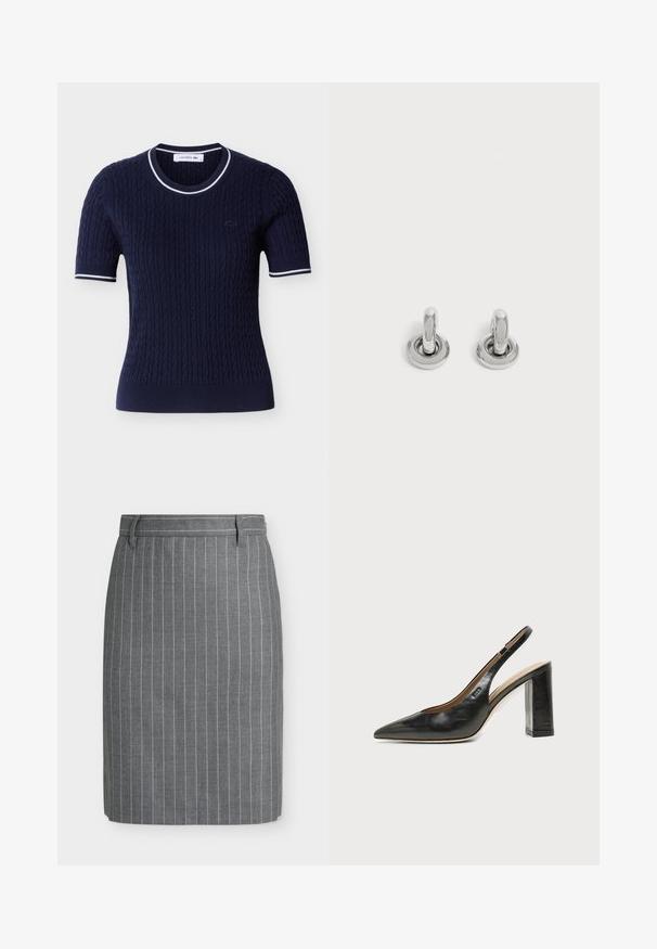 Haut en maille à manches courtes bleu marine avec motif en torsades, bordure rayée blanche sur le col et les bords des manches, et petit logo brodé sur la poitrine.; Jupe crayon gris longueur genou avec fines rayures verticales blanches et passants pour ceinture sur un fond clair uni.; Chaussure slingback en cuir noir à bout pointu avec un talon bloc haut et une doublure intérieure beige sur un fond clair uni.; Paire de petites boucles d'oreilles créoles argentées brillantes avec une base ronde, présentées sur un fond clair uni.