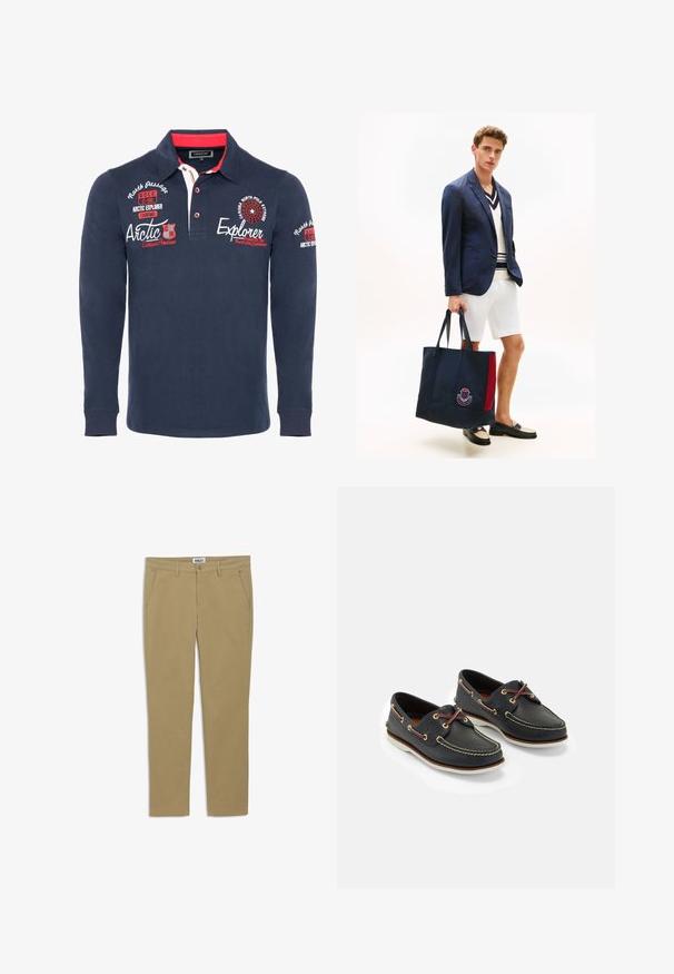 Polo de manga larga color navy fabricado en algodón, con cuello, acentos rojos y texto y gráficos bordados en el pecho y las mangas.; Chinos de color caqui con un diseño de pierna recta, confeccionados en una mezcla de algodón. Presentan bolsillos frontales y trabillas para cinturón.; Zapatos de barco de cuero azul marino con costuras amarillas, cordones rojos y ojales plateados; punta redonda; suela de goma blanca.; Hombre con blazer azul marino, pantalones cortos blancos y mocasines, sosteniendo un bolso tote grande azul marino con una franja roja y un emblema de escudo.