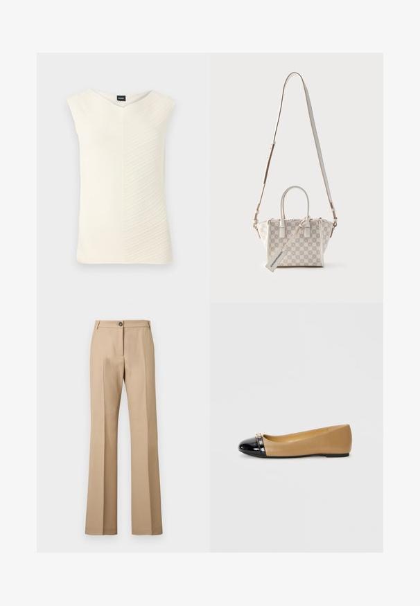 Taco sin mangas en color crema, con un escote en V, patrón ondulado texturizado y una silueta ajustada, fabricado con un tejido suave y elástico.; Pantalones beige de pierna recta con pliegue frontal, cierre de botones y trabillas para cinturón, mostrados sobre un fondo liso.; Bailarina con puntera de charol negro y cuerpo liso color tostado. Presenta un pequeño detalle dorado cerca de la puntera. Suela plana para mayor comodidad.; Bolso pequeño beige con estampado, dos asas cortas, correa larga ajustable para el hombro y etiqueta rectangular adjunta.
