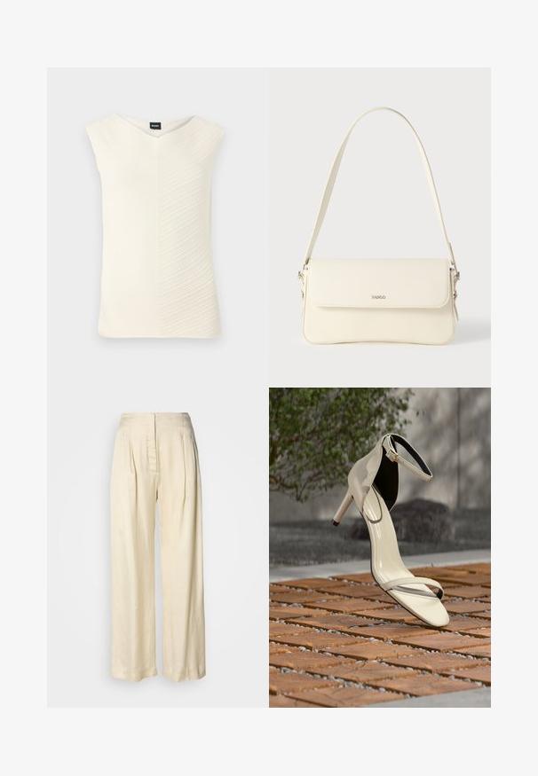 Taco sin mangas en color crema, con un escote en V, patrón ondulado texturizado y una silueta ajustada, fabricado con un tejido suave y elástico.; Pantalones de seda crema de tiro alto con pliegues, piernas anchas y cierre frontal oculto con cremallera sobre un fondo blanco liso.; Sandalia de tacón alto beige con correa en el tobillo, sobre listones de madera al aire libre, con fondo desenfocado de vegetación y concreto.; Bolso de hombro de cuero color crema con cierre de solapa, herrajes plateados, una sola correa ajustable y detalles sutiles con el logo.