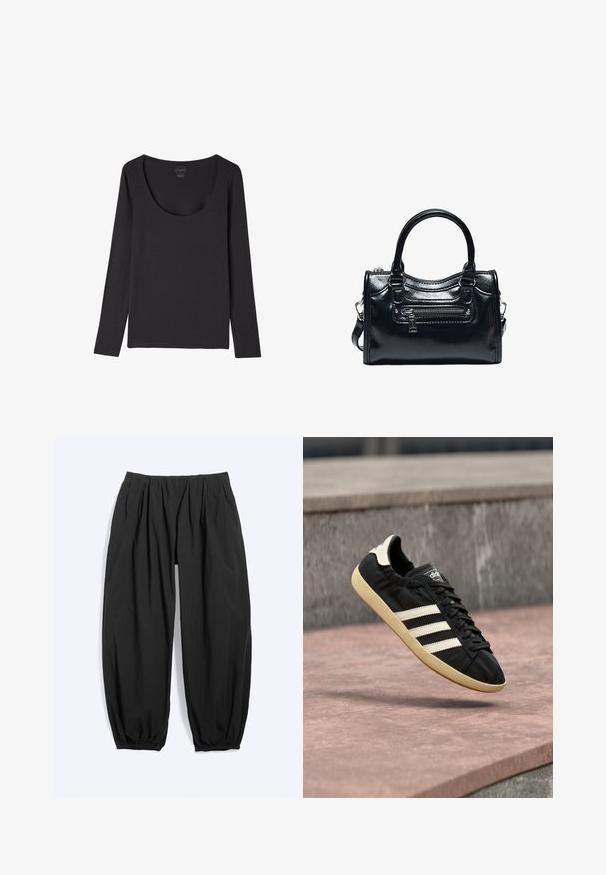Sort langærmet skjorte med bred rund halsudskæring, lagt fladt på en hvid baggrund.; Løse sorte tilspidsede bukser med elastisk talje og ankelsmæk, lavet af let stof.; Sort Adidas sneaker med hvide striber og beige sål, fanget i luften over en stenet overflade og baggrund af en stenmur.; Sort skinnende læderhåndtaske med to håndtag, lynlåslomme foran og aftagelig skulderrem på hvid baggrund.