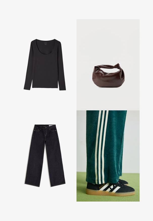 Sort langærmet skjorte med bred rund halsudskæring, lagt fladt på en hvid baggrund.; Mørkeblå jeans med vide ben, forlommer, bæltestropper og kontrastsyninger, lagt fladt på en hvid baggrund.; Grønne teksturerede bukser med hvide sidelince, parret med sorte Adidas sneakers med tre hvide striber og en gummisål.; Mørkebrun læder skuldertaske med en blød, afslappet form og et snoet knudehåndtag på en ensartet hvid baggrund.