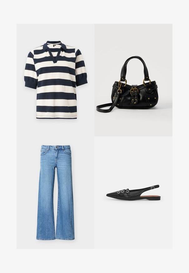 Stribet bomulds polo skjorte med hvide og marineblå vandrette striber, korte puffærmer, V-udskæring og ribbet krave.; Lyseblå denimjeans med høj talje, knap- og lynlåslukning, forlommer og vide ben.; Sort læderslyngeflad sko med spids tå, der har to vandrette stropper og firkantede sølvspænder, lav hæl og glat tekstur.; Sort læderhåndtaske med guldbælge og nitdetaljer, korte håndtag og en justerbar skulderrem på en ensfarvet hvid baggrund.