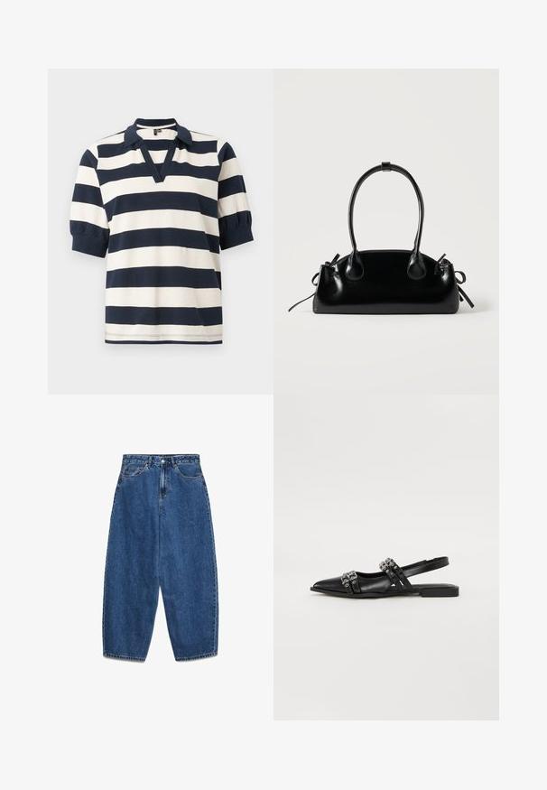Gestreepte katoenen poloshirt met witte en marineblauwe horizontale strepen, korte pofmouwen, V-hals en geribde kraag.; Blauwe denim jeans met een hoge taille, een ontspannen pasvorm en rechte pijpen. Klassiek ontwerp met vijf zakken en een ritssluiting met knoop.; Even&Odd Slingback ballerina´s - black; Kleine zwarte glanzende handtas met twee lange hengsels en zijkant trekkoord details op een effen lichte achtergrond.