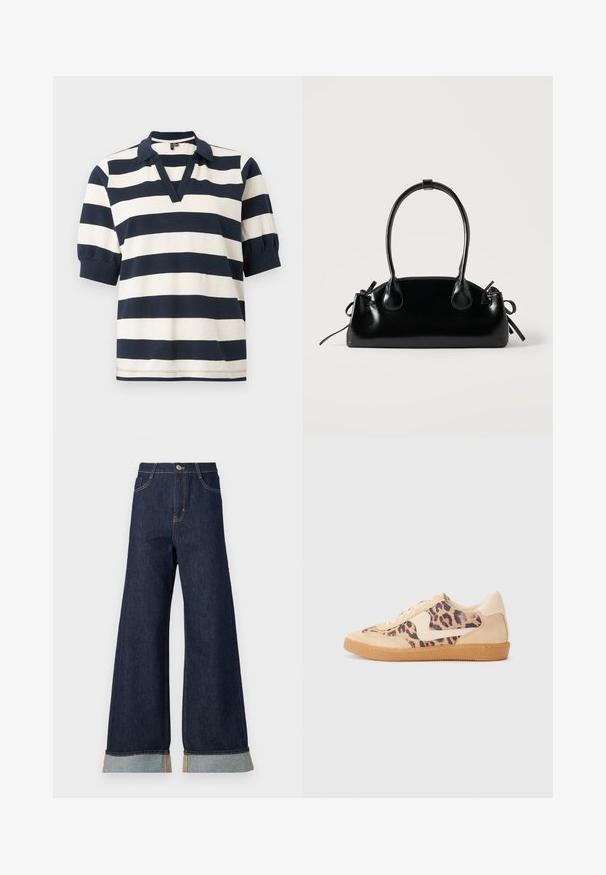 Gestreepte katoenen poloshirt met witte en marineblauwe horizontale strepen, korte pofmouwen, V-hals en geribde kraag.; Brede broekspijpen in donkerdenim met oranje stiksel, met een hoge taille, twee voorzakken en omgeslagen manchetten die een lichtblauwe contraststof laten zien.; Luipaardprint sneakers met een beige suède bovenkant, tan rubberen zool en witte accenten. Ronde neus en vetersluiting met een gestructureerde afwerking.; Kleine zwarte glanzende handtas met twee lange hengsels en zijkant trekkoord details op een effen lichte achtergrond.