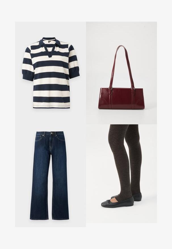 Stribet bomulds polo skjorte med hvide og marineblå vandrette striber, korte puffærmer, V-udskæring og ribbet krave.; Bredde ben mørkeblå jeans lavet af denim, med lynlås og knaplukning, samt to forreste lommer med kontrasterende syninger.; Ben iført mørke ribbede leggings kombineret med sorte balletsko med små sløjfedetaljer på hvid baggrund.; Bordeaux håndtaske lavet af glansfuldt materiale, rektangulær form, med to skulderremme og subtile buede detaljer på forsiden.