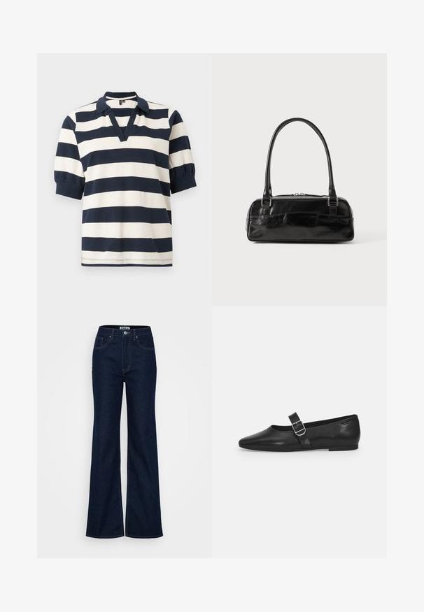 Camisa polo de algodón a rayas con rayas horizontales blancas y marinas, manga corta tipo abullonada, escote en V y cuello de canalé.; ONLY Tall ONLJUICY WIDE RINSE - Pernera ancha - dark blue denim; Zapato plano de cuero negro con punta redondeada, una sola correa ajustable con hebilla y una textura suave y brillante. Diseño minimalista con un tacón bajo.; Bolso de mano de cuero negro con forma rectangular, equipado con un asa estructurada, herrajes en plata y cierre de cremallera. Textura suave.