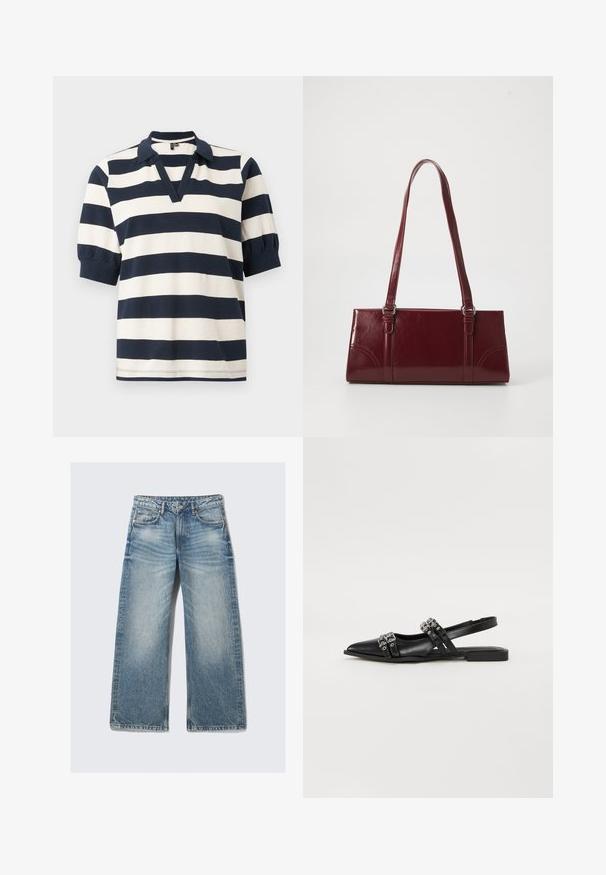 Camisa polo de algodón a rayas con rayas horizontales blancas y marinas, manga corta tipo abullonada, escote en V y cuello de canalé.; Vaqueros de pierna ancha de tono azul claro, hechos de mezclilla, con bolsillos delanteros, cremallera y textura desgastada con sutiles detalles de arrugas.; Even&Odd Bailarinas con tira trasera - black; Bolso burdeos hecho de material brillante, de forma rectangular, con dos asas para el hombro y sutiles acentos curvados en la parte frontal.