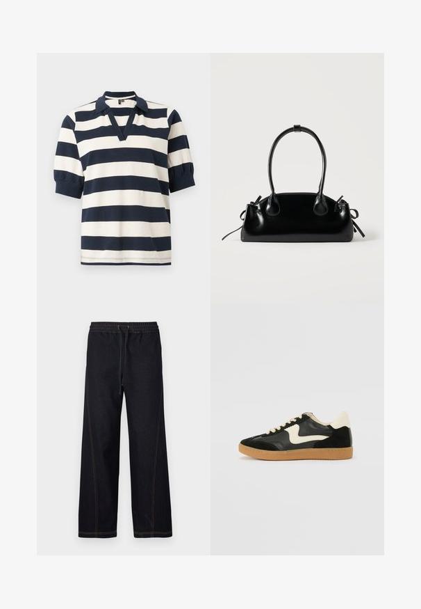 Gestreepte katoenen poloshirt met witte en marineblauwe horizontale strepen, korte pofmouwen, V-hals en geribde kraag.; Donkere denim wijde broek met een elastische tailleband met trekkoord, contrasterende oranje stiksels en rechte, strakke lijnen.; Zwarte suède en leren sneaker met een crèmekleurige zij-swoosh en lichte crèmekleurige hiel. Voorzien van beige veters en een gumrubberen zool.; Kleine zwarte glanzende handtas met twee lange hengsels en zijkant trekkoord details op een effen lichte achtergrond.
