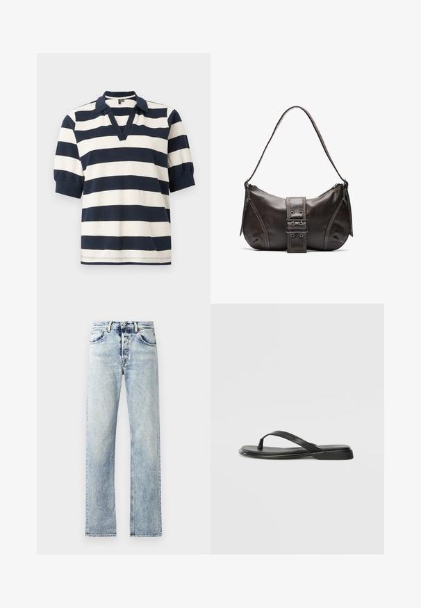 Stribet bomulds polo skjorte med hvide og marineblå vandrette striber, korte puffærmer, V-udskæring og ribbet krave.; Lys blå denimjeans med en lige ben-design. Funktioner inkluderer fem lommer, bæltestropper og en frynset kant forneden.; Sorte flip-flops lavet af glat læder, med et tyndt remdesign og en flad sål med et minimalt profil. Ingen bemærkelsesværdige mønstre eller accenter.; Brun læder skuldertaske med en buet form, der har et fremtrædende spænde, kontrasterende syninger og en enkelt skulderrem.