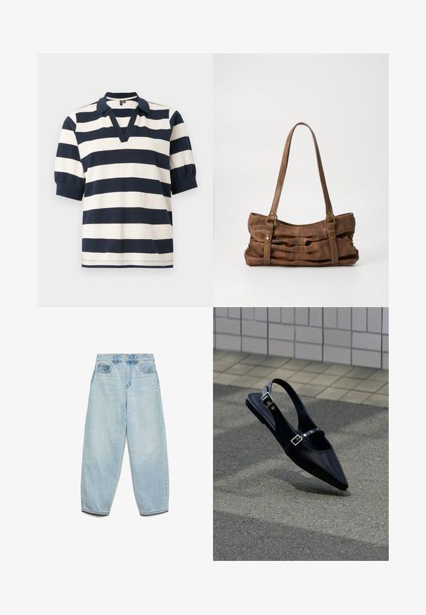 Gestreepte katoenen poloshirt met witte en marineblauwe horizontale strepen, korte pofmouwen, V-hals en geribde kraag.; Lichtblauwe denim jeans met een relaxte pasvorm, hoge taille en wijde pijpen met een licht vervaagde textuur en een klassiek vijfzakontwerp.; Zwarte platte slingback met spits toelopende neus en dubbele gespsluitingen, rustend op grijs asfalt bij een achtergrond van betegelde muur.; Even&Odd Handtas - brown