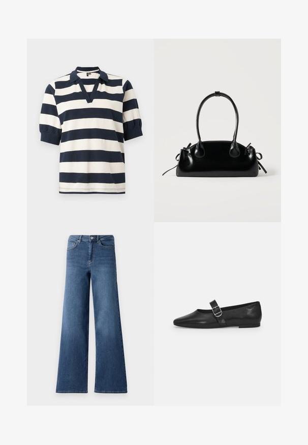 Gestreepte katoenen poloshirt met witte en marineblauwe horizontale strepen, korte pofmouwen, V-hals en geribde kraag.; Bredere blauwe denim jeans met een standaard tailleband, steekzakken en een gladde textuur. Geen zichtbare patronen of versieringen.; Zwarte leren platte schoen met een ronde neus, een enkele verstelbare gespsluiting en een gladde, glanzende textuur. Minimalistisch ontwerp met een lage hak.; Kleine zwarte glanzende handtas met twee lange hengsels en zijkant trekkoord details op een effen lichte achtergrond.