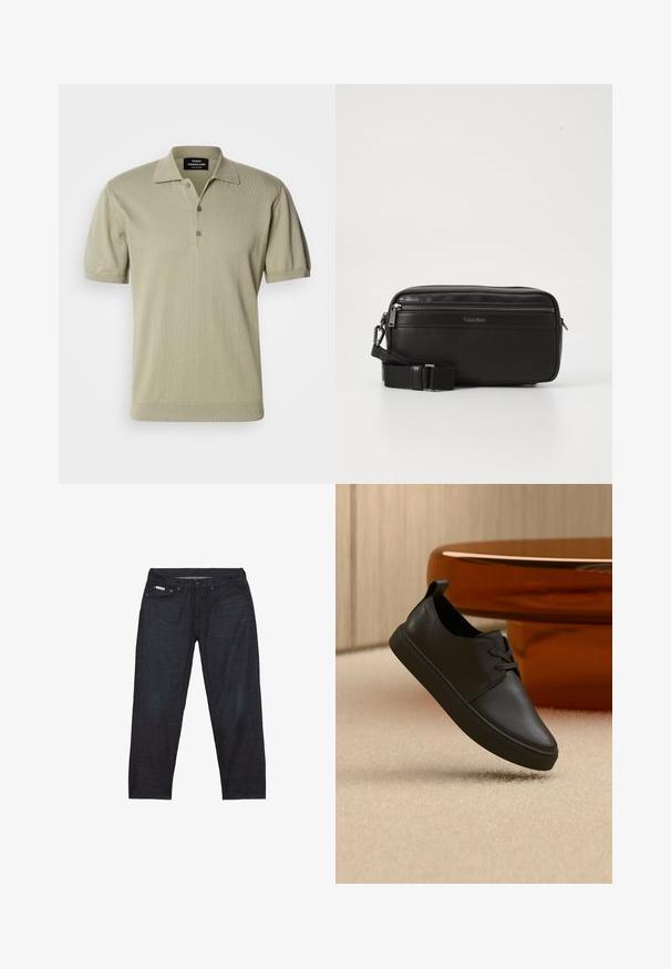 Polo de manga corta en tejido de punto color olivo claro, con cuello plano, tapeta de tres botones y bajo con ribetes.; Pantalones vaqueros de mezclilla azul oscuro con corte recto, que cuentan con cinco bolsillos y detalles de costuras mínimas para un aspecto limpio.; Zapatilla casual negra de cuero con cordones, flotando sobre una alfombra beige, con una mesa de cristal ámbar redondeada en el fondo.; Bolso cruzado de cuero negro con un compartimento con cremallera, superficie texturizada, correa ajustable y marca Calvin Klein en la parte frontal.