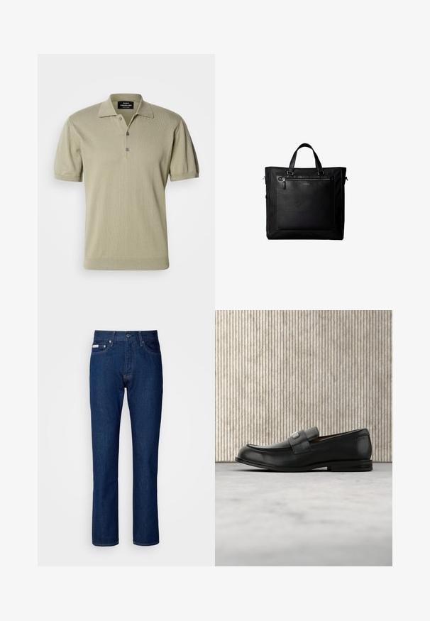 Polo de manga corta en tejido de punto color olivo claro, con cuello plano, tapeta de tres botones y bajo con ribetes.; Jeans de denim azul oscuro con un diseño de pierna recta, que cuentan con una cremallera y cierre de botón, cinco bolsillos y detalles de costura sutiles.; Mocasín de cuero negro con una placa metálica de marca apoyado cerca de una mesa redonda marrón sobre un suelo alfombrado beige.; Bolsa tote negra con asas dobles, gran bolsillo delantero de cuero con cremallera y sutil logo de Calvin Klein en el centro del bolsillo.