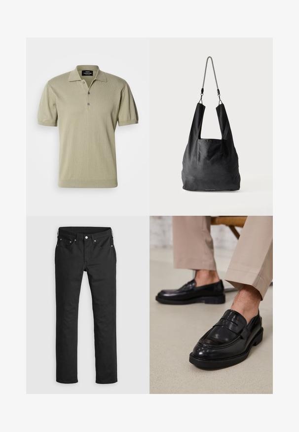 Korte mouwen polo shirt in licht olijfgroene gebreide stof, met een platte kraag, drieknoopsluiting en geribbelde zoom.; Zwarte denim broeken met een rechte pasvorm, voorzien van een ritssluiting, vijf zakken en metalen knopen. Glad textuur.; Zwarte leren loafers met een gladde afwerking, voorzien van een decoratieve band en contrasterende stiksels, gecombineerd met beige broeken.; Zwart zachte stoffen draagtas met brede handvatten en een dunne zwart-witte gevlochten schouderriem.