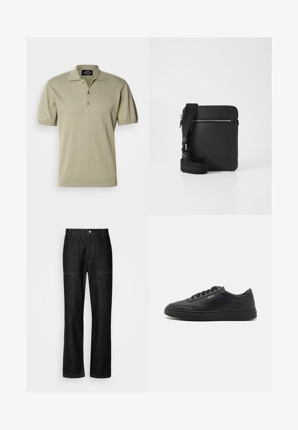 Polo à manches courtes en tissu tricoté vert olive clair, avec un col plat, une patte de boutonnage à trois boutons et un ourlet côtelé.; Pantalons en denim noir avec une coupe droite, des coutures visibles et une fermeture à bouton sur le devant. Comprend deux poches latérales et deux poches arrière.; Baskets en cuir noir avec une texture lisse, bout rond, semelle en caoutchouc plate et lacets ton sur ton. Présente une marque "BOSS" dorée sur le côté.; Sac à bandoulière en cuir noir avec une surface texturée, poche avant zippée et une sangle en tissu réglable. Design simple et carré.