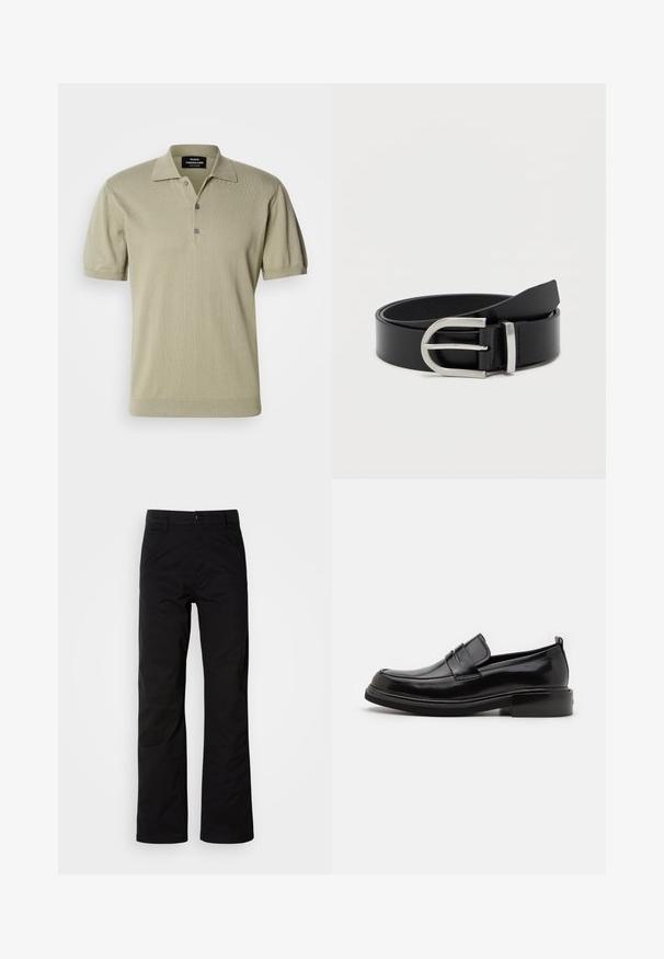 Polo de manga corta en tejido de punto color olivo claro, con cuello plano, tapeta de tres botones y bajo con ribetes.; Pantalones de algodón negros con un diseño de pierna recta, que cuentan con un cierre de botón y lazos para cinturón. Textura suave y estilo minimalista sin patrones visibles.; Calvin Klein MOCCASIN - Mocasines elegantes - black; Cinturón de cuero negro con una textura suave, que presenta una hebilla de metal plateado y una forma rectangular clásica.