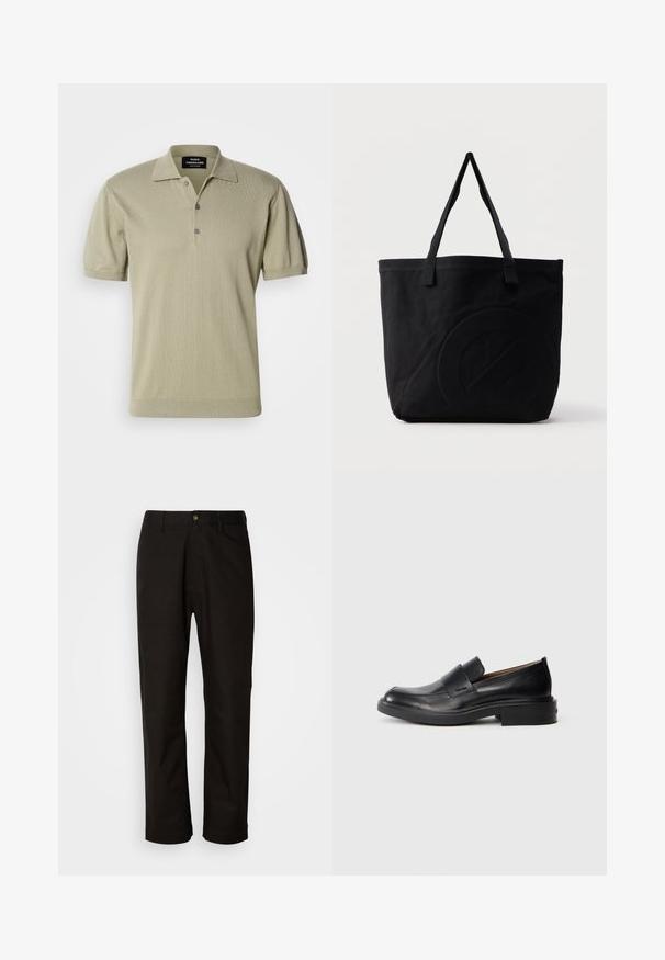 Polo à manches courtes en tissu tricoté vert olive clair, avec un col plat, une patte de boutonnage à trois boutons et un ourlet côtelé.; Pantalon en coton noir avec une coupe droite, des passants de ceinture, une fermeture éclair à l'avant et un seul bouton. Texture lisse sans motifs visibles.; Chaussure habillée noire en cuir, à enfiler, avec un petit talon et un logo Calvin Klein discret sur le côté, présentée de profil sur un fond blanc.; Sac fourre-tout en toile noire avec deux bandoulières et un motif circulaire discret en relief sur le devant.