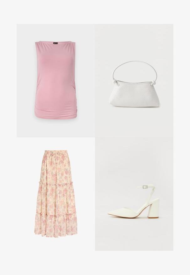Top sin mangas rosa hecho de un material suave y elástico. Presenta un escote en forma de barco y lados fruncidos para una silueta ajustada.; Falda larga beige con estampado floral rosa, cintura elástica con cordón y detalles de volantes en capas.; Sandalia blanca de tacón con puntera afilada, correa ajustable en el tobillo y un tacón cuadrado grueso. Textura lisa con detalles de costura mínimos.; Bolso de mano de cuero blanco tejido con asa redondeada y extremos de la correa anudados, exhibido sobre un fondo liso.