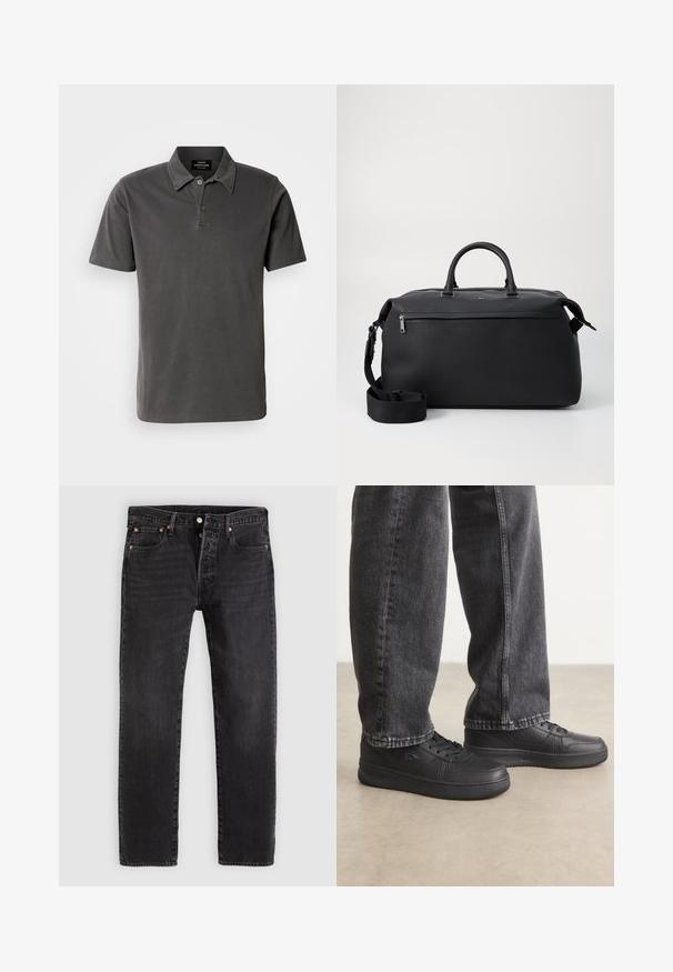 Mørk grå polo skjorte lavet af blød bomuld. Har en krave med to knapper, korte ærmer og en lige kant.; Sorte jeans i denim med en lige pasform, der har to forlommer, en møntlomme og metalnitter. Klassisk design med fem lommer.; Sorte lædersneakers med flade snørebånd, glat overflade, subtile perforeringer og logo detaljer, parret med mørke denim jeans.; Sort læder duffel taske med to top hanke, en aftagelig skulderrem og en lynlåslomme foran til ekstra opbevaring.