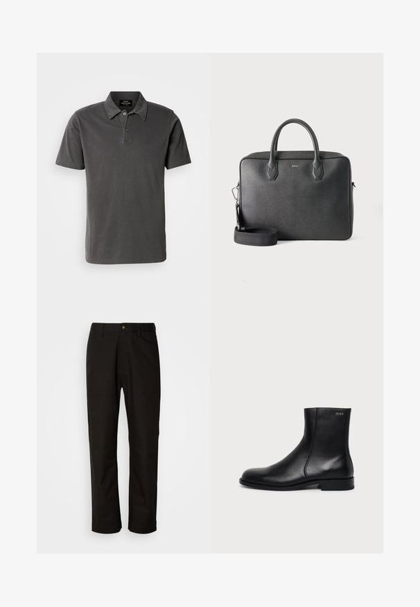 Polo de color gris oscuro, hecho de algodón suave. Presenta un cuello con dos botones, mangas cortas y un dobladillo recto.; Pantalones de algodón negros con corte recto, presillas para el cinturón, cremallera frontal y un solo botón de cierre. Textura suave sin patrones visibles.; Botín negro de cuero con tacón bajo, costura lateral y pequeño logo "HUGO" en el puño superior sobre un fondo liso.; Maletín de cuero negro con dos asas superiores, correa de hombro desmontable y pequeño logo BOSS en el centro delantero sobre fondo liso.