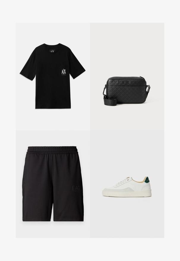 Schwarzes kurzärmliges T-Shirt aus Baumwolle, mit einer Tasche auf der linken Brustseite, versehen mit einem weißen aufgedruckten Logo und einem Rundhalsausschnitt.; Schwarze Sportshorts aus leichtem Material, mit elastischem Bund und seitlichen Netzpaneelen. Markenlogo auf der Vorderseite gedruckt.; Weiße Sneaker mit Wildlederelementen, runder Zehenpartie, flachen Schnürsenkeln und einer cremefarbenen Gummisohle. Mit grünen Markenlogo am Fersenbereich.; Schwarze, strukturierte Umhängetasche mit geprägtem geometrischem Muster und verstellbarem Tragegurt mit Markenlogo.