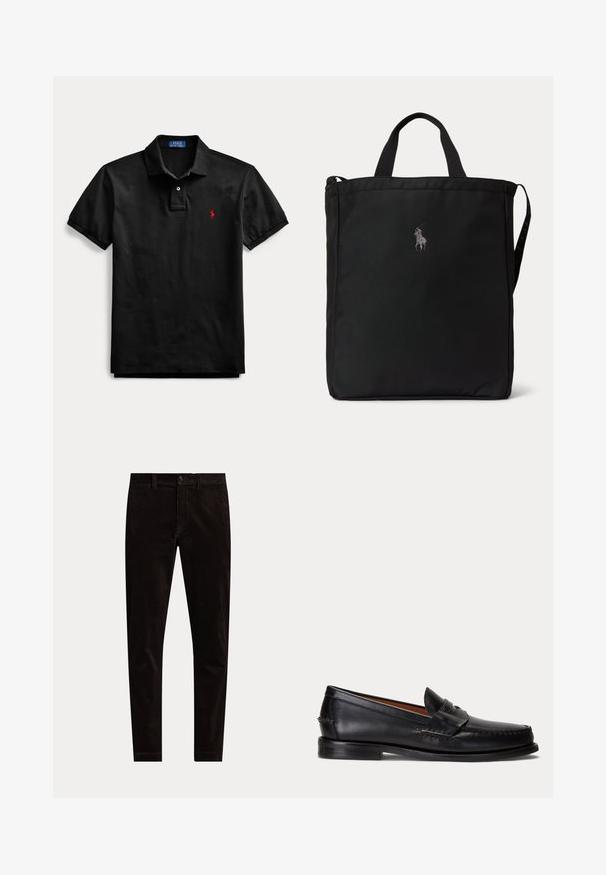Čierne polo tričko s krátkym rukávom, golierom, dvojgombíkovou légou a malým červeným vyšívaným logom na ľavej strane hrudníka.; Čierne slim fit manšestrové nohavice so zapínaním na gombík a zips, s pútkami na opasok a jednoduchým predným dizajnom na bielom pozadí.; Čierny kožený mokasín s nízkym podpätkom a detailom s penny remienkom, zobrazený z boku na svetlosivom pozadí.; Čierna obdĺžniková taška typu tote s krátkymi rukoväťami, dlhým popruhom na boku a malým vyšívaným logom hráča póla v strede prednej časti.