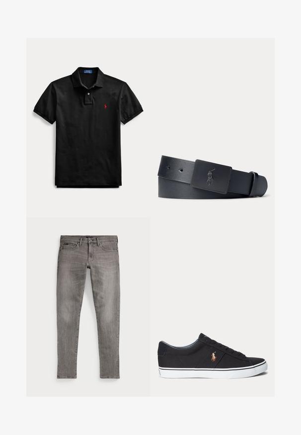 Zwarte korte mouwen polo met kraag, tweeknops sluiting en klein rood geborduurd logo op de linkerborst.; Grijze spijkerbroek, slim fit, met rechte pijpen. Kenmerken klassieke vijf-pocketontwerp, stikdetails en een licht vervaagde textuur.; Zwarte lage sneaker met witte zool en gestikt polo-speler logo aan de zijkant, met veterluiting en textuurstof bovenwerk.; Zwarte leren riem met een zwarte rechthoekige gesp met een geperst polo-speler logo.