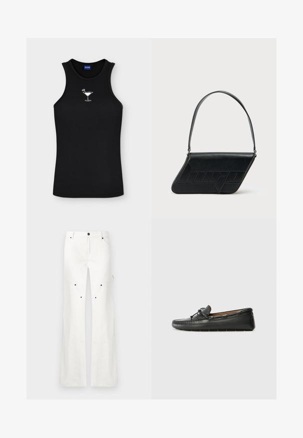Débardeur noir sans manches avec un petit motif blanc de verre à cocktail centré sur la poitrine, et une étiquette Hugo bleue à l'intérieur de l'encolure.; Pantalon blanc à jambes droites avec fermeture à boutons et fermeture éclair, passants pour ceinture, et plusieurs rivets noirs sur la partie avant des cuisses.; Bateau en cuir noir avec un bout arrondi, des détails de couture, un petit accent en nœud et une semelle en caoutchouc. Texture lisse et design épuré.; Sac d'épaule en cuir noir de forme triangulaire, avec un logo embossé et une seule bandoulière réglable. Design minimaliste avec une texture lisse.