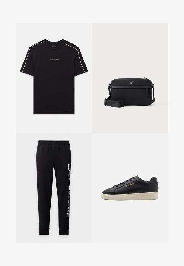 Schwarzes Baumwoll-T-Shirt mit kurzen Ärmeln, rundem Ausschnitt, beigem Akzentstich an den Schultern und ARMANI EXCHANGE-Logo in der Mitte.; Schwarze Sweatpants aus Baumwollmischung mit elastischem Taillenbund, schmal zulaufenden Beinen, gerippten Bündchen und weißem Logo-Druck entlang der Seite.; Schwarze Leder-Sneaker mit glatter Oberfläche, kontrastierender cremefarbener Sohle, abgerundeter Spitze, goldfarbenem Logo an der Seite und sechs Ösen für die Schnürsenkel.; Schwarze rechteckige Umhängetasche mit vorderer Reißverschlusstasche, verstellbarem Schultergurt und kleinem Metalllogo oben in der Mitte.