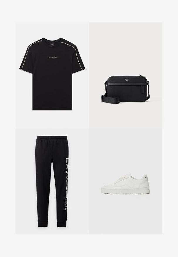 Schwarzes Baumwoll-T-Shirt mit kurzen Ärmeln, rundem Ausschnitt, beigem Akzentstich an den Schultern und ARMANI EXCHANGE-Logo in der Mitte.; Schwarze Sweatpants aus Baumwollmischung mit elastischem Taillenbund, schmal zulaufenden Beinen, gerippten Bündchen und weißem Logo-Druck entlang der Seite.; Weiße Ledersneaker mit glatter Oberfläche, runder Zehenpartie, flachen Schnürsenkeln und strukturiertem Sohlenprofil. Mit einem dezenten Logo an der Ferse.; Schwarze rechteckige Umhängetasche mit vorderer Reißverschlusstasche, verstellbarem Schultergurt und kleinem Metalllogo oben in der Mitte.