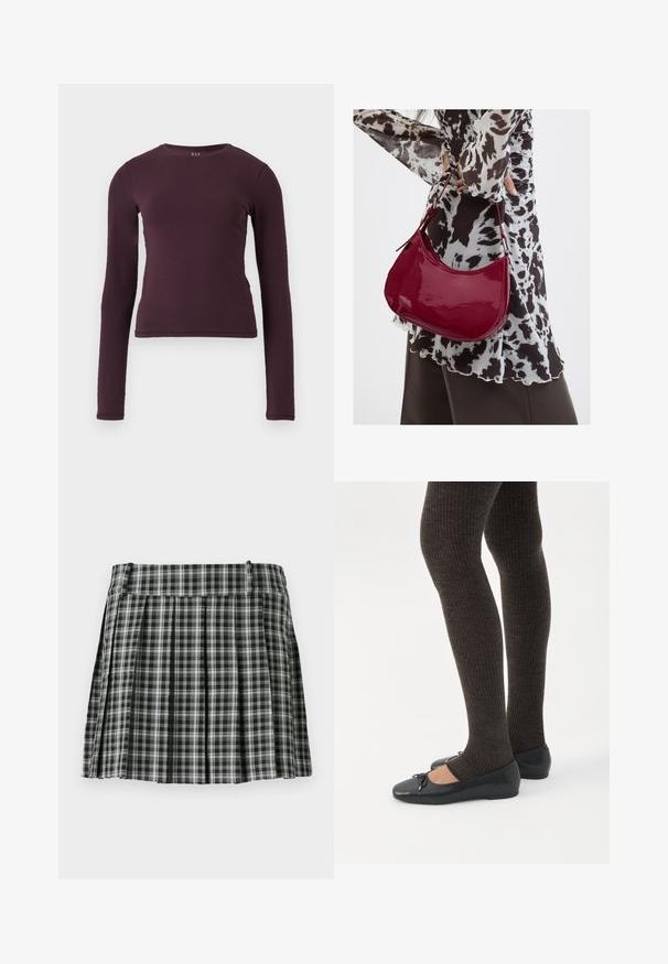 Haut à manches longues et col rond en violet foncé, fabriqué en tissu doux et extensible. Présente un design ajusté sans motifs ni accents visibles.; Jupe plissée à carreaux noir et blanc avec une taille lisse et de multiples plis verticaux. Fabriquée en tissu léger.; Jambes portant des leggings côtelés foncés associés à des ballerines noires avec de petits détails en nœud sur fond blanc.; Femme portant un chemisier à motif noir et blanc tenant un sac à main rouge brillant sur un fond uni.
